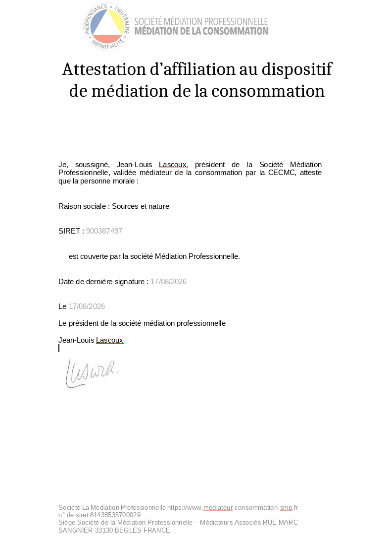 Attestation d’adhésion au médiateur de la consommation